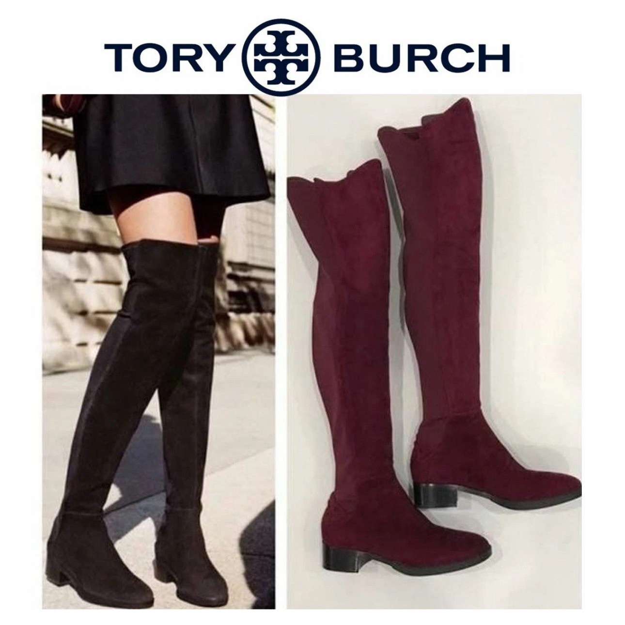 $495 New Tory Burch Caitlin Plum Suede Over The Knee Heel Boot Women's 6 Girly